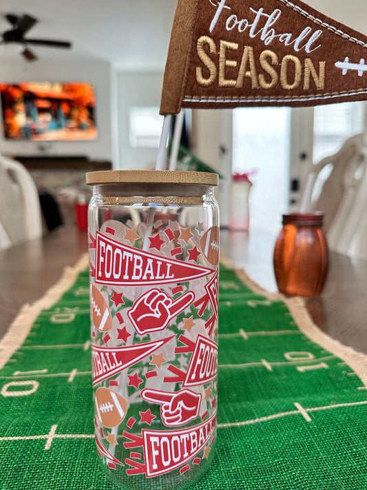 Football Cups | 20 oz Libby Drinking Glasses | Glass Cups | Red and Gold Football 20oz Glass Cup